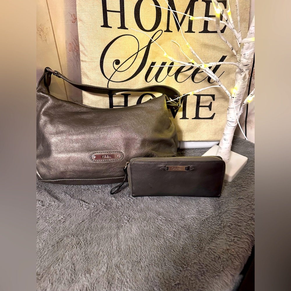 Cole Haan metallic leather shouldered bag with matching zip around wallet. EUC